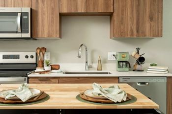 European wood-style cabinets and quartz countertops